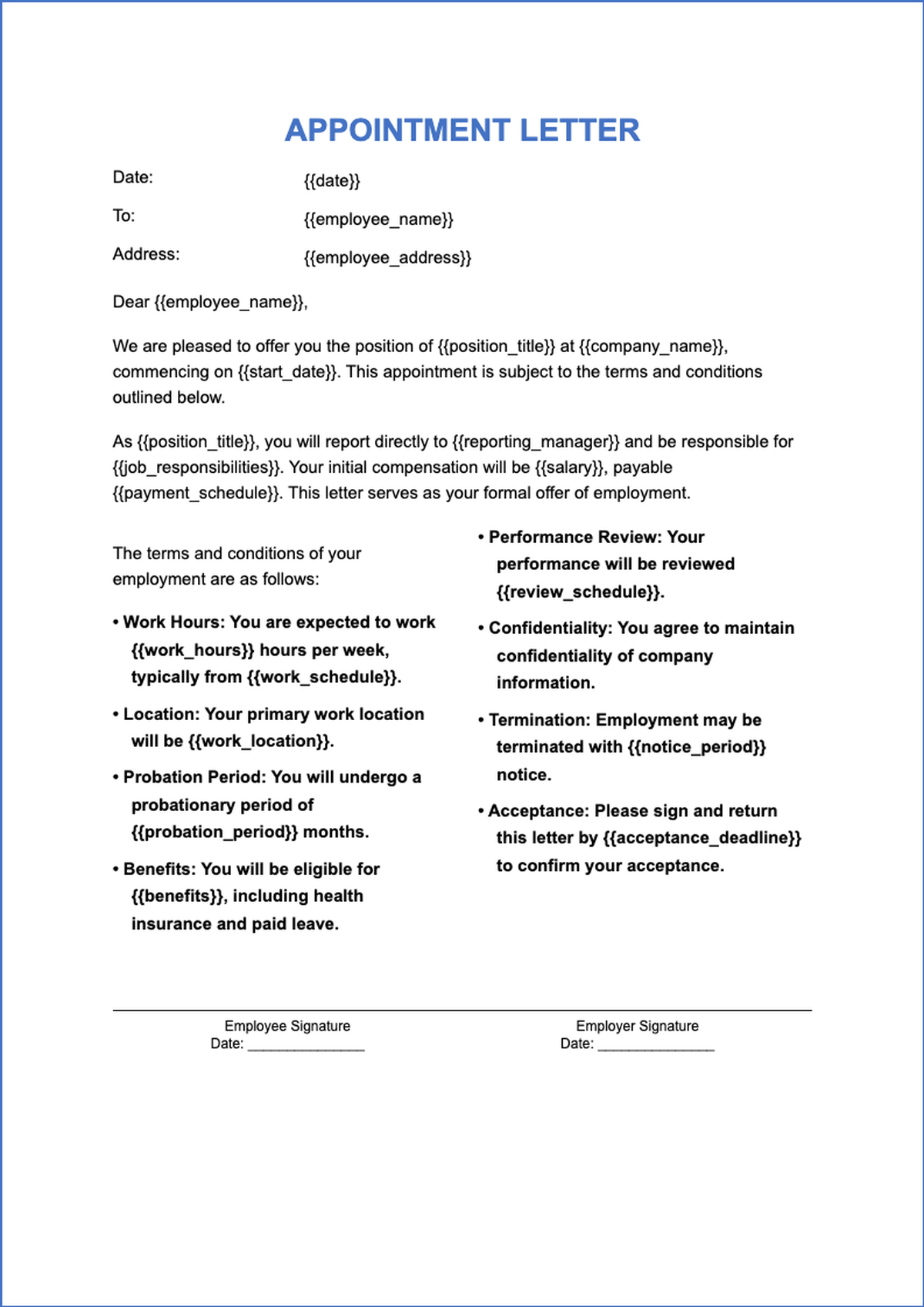 Formal letter of appointment template with salary probationary period and leave policy details_variant_3